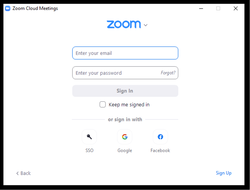 Screenshot of Zoom desktop sign in